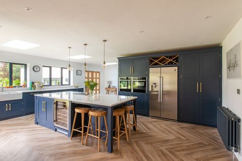 Canterbury Blue Kitchen — Herringbone Kitchen Herringbone, Kitchen Cabinet Dimensions, Blue Shaker Kitchen, French Country Kitchen Designs, Herringbone Kitchen, Decor Kitchen Ideas, Navy Kitchen, Open Plan Kitchen Diner, Country Kitchen Designs