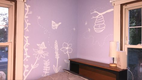 Outlines of Lavender, butterflies, and bees on lavender wall Lavender Wall, Flower Outline, Mural Ideas, Butterflies, Lavender, Mural, Home Decor Decals, Wall, Home Decor