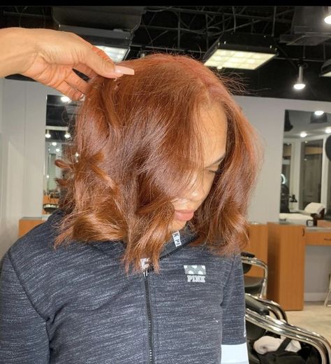 Light Brown Hair Silk Press, Cinnamon Hair Color On Black Women Short, Ginger Relaxed Hair Black Women, Short Ginger Hair Black Women Bob, Ginger Blowout Natural Hair, Cooper Brown Hair Color Black Women, Light Brown Bob Black Woman, Ginger Brown Hair Black Women, Copper Brown Hair Black Women