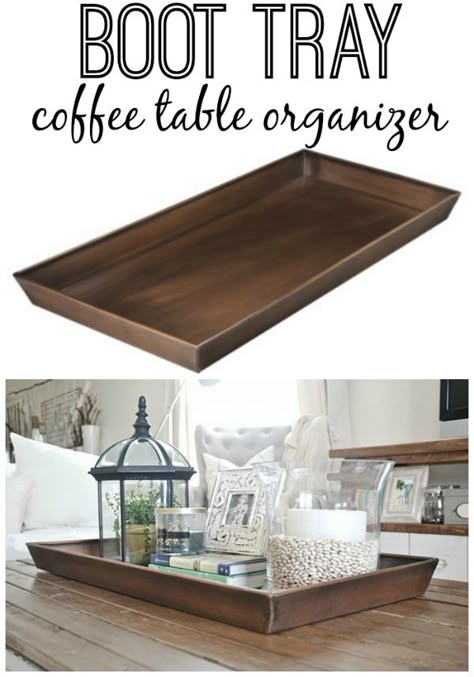 Use the Target Smith & Hawkin Copper Boot Tray for coffee table décor. Display plants, lantern, vase, candle books, photos, etc. in it Coffee Table Organizer, Diy Boot Tray, Moving Artwork, Coffee Table Organization, Tray For Coffee Table, Table Organizer, Boot Tray, Tray Coffee Table, Smart Tiles