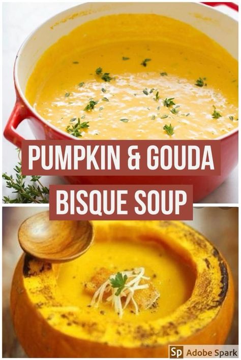 This bisque has all the amazing flavors of autumn: pumpkin, nutmeg, and smoked Gouda. 6 cups vegetable broth 2 teaspoons seasoned salt 4 cups pumpkin puree 1 cup shredded smoked Gouda cheese 1 teaspoon ground nutmeg 1 cup yellow onion, chopped 1 teaspoon fresh thyme, chopped 1 TBSN garlic, minced 1 cup heavy whipping c Gouda Soup, Pumpkin Bisque, Bisque Soup Recipes, Savory Pumpkin, Bisque Soup, Smoked Gouda Cheese, Pumpkin Soup Recipe, Smoked Gouda, Gouda Cheese