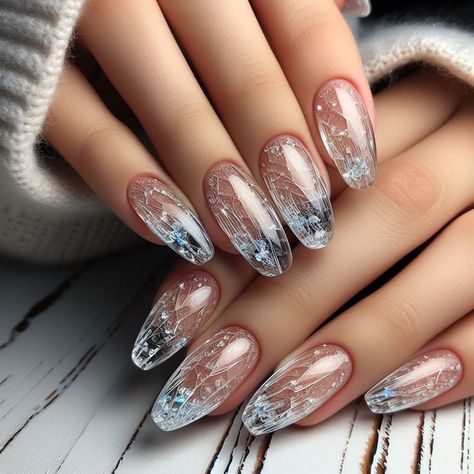 Nails Transparent Design, Transparent Nails Design, Glass Nails Designs, All Nail Shapes, Transparent Nail Art, Glass Manicure, Nails Manicures, Almond Stiletto, Leopard Nail Designs