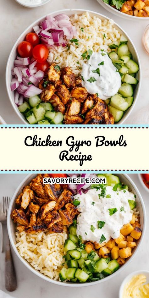 Looking for a fresh twist on dinner? These Chicken Gyro Bowls combine juicy marinated chicken with vibrant veggies and creamy tzatziki for a delightful Mediterranean experience. Perfect for a quick weeknight meal! Save this recipe for your next Mediterranean dinner idea and impress your family with bold flavors. Healthy Gyros, Mediterranean Chicken Bowl, High Protein Meal Ideas, Protein Meal Ideas, Chicken Gyro Recipe, Chicken Gyro, Mediterranean Dinner, Mediterranean Recipes Healthy, Greek Dinners