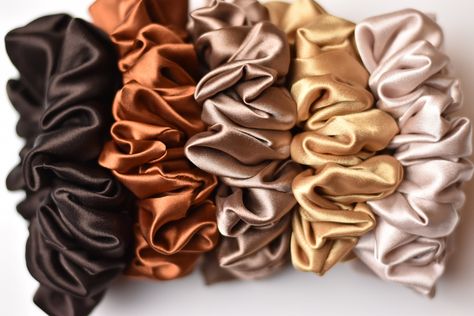 Satin Scrunchie Set in Earth Tones, Brown, Gold, Copper, Sand, Scrunchies in Warm Tones, Neutral Scrunchies Satin Scrunchies Aesthetic, Brown Scrunchie, Corner Inspiration, Scrunchies Aesthetic, Crafts Corner, Supply Organization, Blue Scrunchie, Diy Hair Scrunchies, Handmade Scrunchie