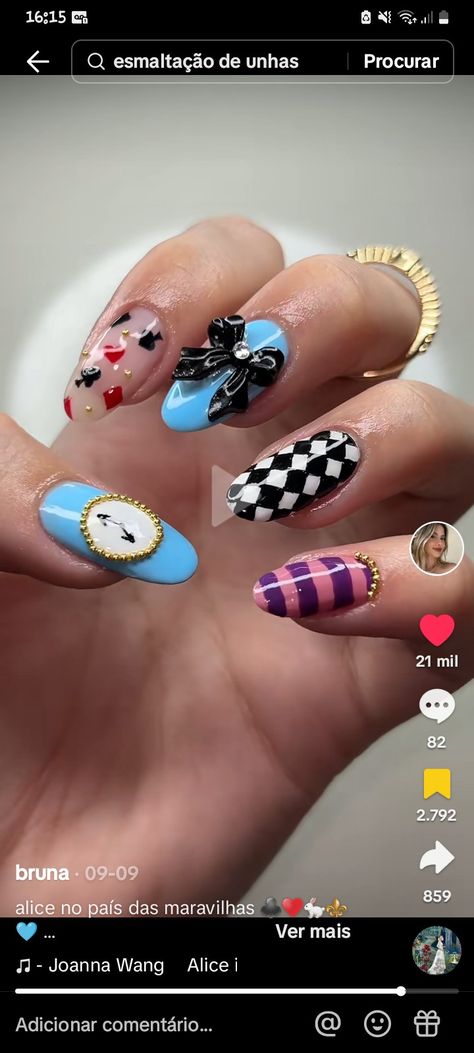 Alice And Wonderland Nails Design, Alice Nails Wonderland, Alice And Wonderland Nails, Mad Hatter Nails, Alice In Wonderland Nails, Wonderland Nails, Alice And Wonderland, Nail Stuff, Party Nails