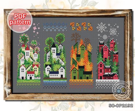 Please note all items are downloadable digital patterns not a KIT. fabric, floss, or other materials are not included in the item  Pattern Name:SO-OP2192 Four seasons Village-DMC-Colo Designed By:SodastitchDesign Fabric:Various Colour Fabrics (AIDA) 152w X 97h Stitches Size(s):         14 Count,   27.58w X 17.60h cm (10.85w X 6.92h inch) 16 Count,   24.13w X 15.40h cm (9.50w X 6.06h inch) 18 Count,   21.45w X 13.69h cm (8.44w X 5.38h inch) 22 Count,   17.55w X 11.20h cm (6.90w X 4.40h inch) The Winter Wald, House Cross Stitch, Stitch App, Autumn Cross Stitch Patterns, Cross Stitch House, Mini Cross Stitch, Cross Stitch Patterns Christmas, Winter Forest, Christmas Cross