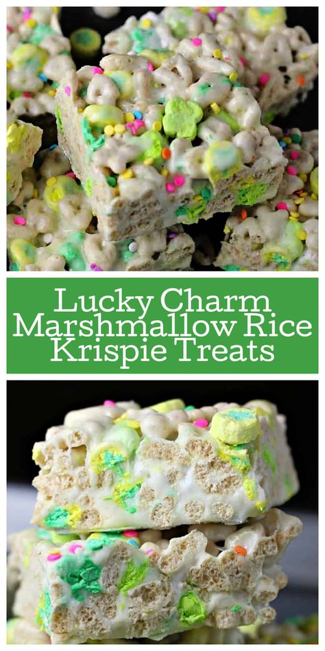 Lucky Charm Marshmallow Rice Krispies - The Baking ChocolaTess St Patricks Food, St Patrick Day Snacks, Kids Treats, Lucky Charms Marshmallows, St Patrick Day Treats, Rice Krispies Treats, St Patricks Day Food, Krispies Treats, Cereal Treats