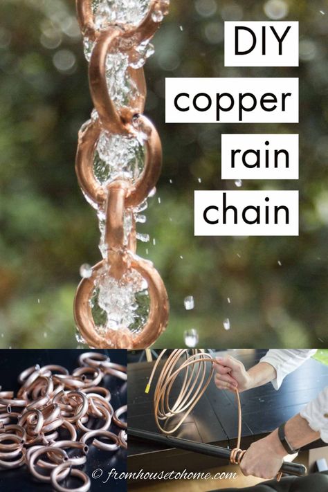 This awesome DIY rain chain tutorial shows you step-by-step how to make a copper rain that you can hang from the gutter on your house to replace the downspout. It is simple to make and looks so beautiful. #fromhousetohome #gardenideas #gardeningtips #diyprojects #gardenart #rainchains How To Make A Rain Chain, Rain Chain Installation, Rain Chain Diy, Copper Rain Chain, Chain Tutorial, Copper Rain Chains, Diy Copper, Rain Chains, Copper Diy