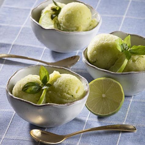 Cucumber-Sweet Basil Sorbet is a refreshing way to beat the heat. No ice cream maker? No problem. Mix it in a food processor or blender. Cucumber Sorbet, Basil Sorbet, Sorbet Is, Sweet Basil, Flavored Vodka, Lime Zest, Food Help, Ice Cream Maker, Fresh Lime