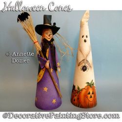 Decorative Painting Store | Halloween Cones PDF DOWNLOAD - Annette Dozier | All ePatterns | DOA19033EP | witch ghost Bowling Pin Crafts, Wooden Halloween Decorations, Halloween Gourds, Halloween Shadow Box, Halloween Tablescape, Halloween Wood Crafts, Halloween Clay, Halloween Bottles, Easter Fabric