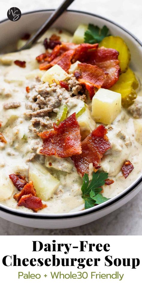 Cheeseburger Soup Paleo, Cheeseburger Soup Dairy Free, Ground Beef Soup Recipes Dairy Free, Dairy Free Hamburger Soup, Creamy Cheeseburger Soup Crockpot, Paleo Hamburger Soup, Dairy Free Cheeseburger Soup, Dairy Free Ground Beef Casserole, Whole 30 Hamburger Soup