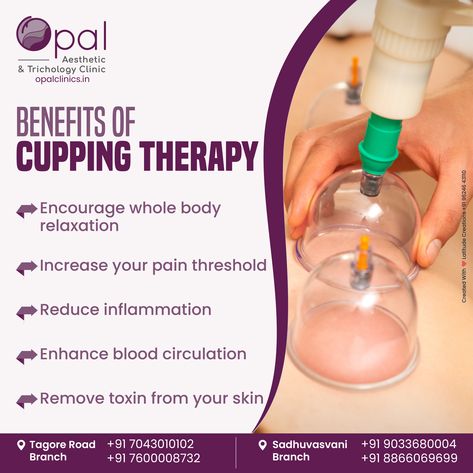 🌿 Dive into the incredible world of Cupping Therapy at Opal Clinic! ✨ Discover the remarkable benefits of this ancient practice: 🩸 Enhanced Blood Circulation 💆‍♀️ Stress and Tension Reduction 🌪 Detoxification for Body and Mind 🌬️ Respiratory Wellness 💪 Muscle Pain Relief Your well-being, our priority. 🌟 Opal Clinic Rajkot, Gujarat #CuppingTherapy #WellnessJourney #StressRelief #BodyandMind #SelfCare #NaturalHealing Hijama Cupping Therapy, Benefits Of Cupping, Hijama Cupping, Therapy Poster, Cupping Therapy, Muscle Pain Relief, Remove Toxins, English Vocabulary Words Learning, Skin Care Solutions