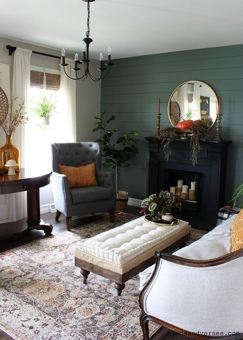 Fall Living Room Decor.   #hymnsandverses #falltour #falldecor #falldecorating #autumn #fall #shiplap #paintedshiplap #graytuftedchair #traditionalhome #fallcolors #modernfarmhouse #paintedshiplap #fallmantel #vintagestyle #fallcolors #falllivingroom Green Shiplap Wall, Diy Elegant Home Decor, Green Shiplap, Botanical Prints Decor, Magnolia Homes Paint, Vintage Living Room Decor, Place Settings Thanksgiving, Concrete Countertop, Black Fireplace