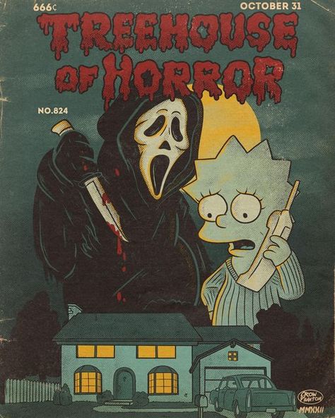 The Art Of Crow Phantom on Instagram: "It’s that time of year again! Here’s the next art piece to the “Treehouse of Horror” series for this year! Thank you all for the continuous support! Stay Spooky!🔪🎃 **Art Prints available Link in Bio** #halloweeneveryday #treehouseofhorror #simpsons #retro #vintage #vintagecomics #halloween #spooky #spookyseason #art #artist #comics #scream #ghostface" Simpsons Halloween Art, Classic Horror Art, Horror Movie Comics, Thank You Halloween, Spooky Cartoon Aesthetic, Treehouse Of Horror The Simpsons, Halloween Poster Aesthetic, The Simpson Halloween, Spooktober 2024