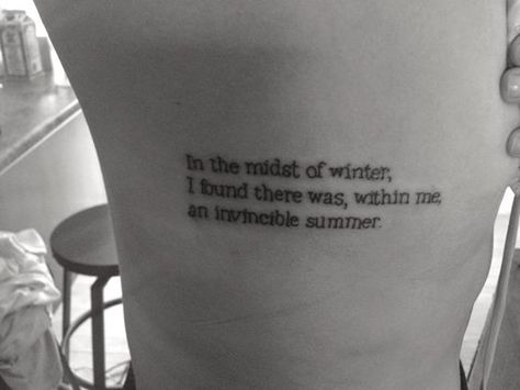 New Tattoo! #quotes #Camus #tattoo #ribtattoo #love #seasons #girltattoo Camus Tattoo Ideas, Camus Tattoo, New Tattoo Quotes, Serious Tattoos, New Tattoo, Rib Tattoo, Tattoo Inspo, Rose Tattoo, New Tattoos