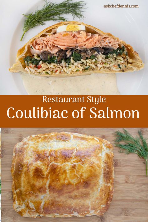 You'll love my Coulibiac of Salmon. Tender salmon layered with rice, spinach and mushrooms, wrapped in puffed pastry and served with a dijon dill sauce. Salmon Coulibiac Mary Berry, Dijon Dill Sauce, Solstice Recipes, Salmon Wellington, Puffed Pastry, Savoury Tarts, Fish Dinners, Hungry Eyes, Cod Recipe