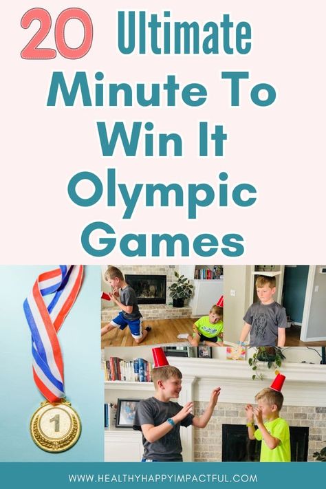 Olympic themed minute to win it party games for kids; easy; fun; funny; list; summer; winter Olympic Games For Nursing Home, Olympic Party Game, Olympic Office Games, Olympics In The Classroom, Home Olympics Games, Fun Olympic Games For Kids, Family Olympics Ideas, At Home Olympic Games, Mini Olympics Games