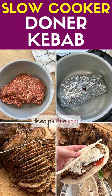 Slow Cooker Doner Kebab Fakeaway Slow Cooker Kebab, Slow Cooker Lamb Kebab, Lamb Doner Kebab Recipe, Slow Cooker Doner Kebab, Turkish Doner Kebab, Donor Kebab Recipe, Fakeaway Kebab, Donair Recipe, Lamb Slow Cooker Recipes