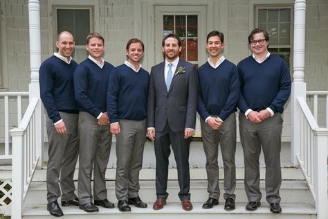 The groomsmen kept it casual yet stylish with sweaters and slacks.   	Photo by Joshua Zuckerman Photography 	Wedding Planning by Jill Gordon Celebrate 	Floral Design by Claire Bean Floral and Event Design 	Ceremony Venue: Remsenburg Community Presbyterian Church 	Groom's Attire by Hugo Boss 	Groomsmen Attire by J.Crew Groomsmen In Sweaters, Sweater Groomsmen, Groomsman Attire Winter Wedding, Groomsmen Sweaters, Groomsman Socks Picture, Groomsman Gameday Photos, Wedding Songs, Groomsmen Attire, Lavender Wedding