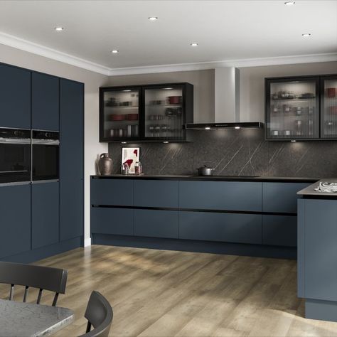 If you are looking for blue kitchen ideas or handleless kitchen ideas then check out our Hockley Super Matt Marine Blue Handleless Kitchen cabinets. Create a modern kitchen with our blue super matt kitchen cabinets. This handleless blue kitchen is the perfect addition to a contemporary home design. Pair with light oak kitchen flooring and a dark marble quartz worktop. Blue Colour Kitchen Cabinets, Ink Blue Kitchen, Modern Blue Kitchen Design, Dark Colour Kitchen Ideas, Modern Kitchen Blue Cabinets, Howdens Marine Blue Kitchen, Two Colour Kitchen Units, Blue Gloss Kitchen, Dark Marble Kitchen