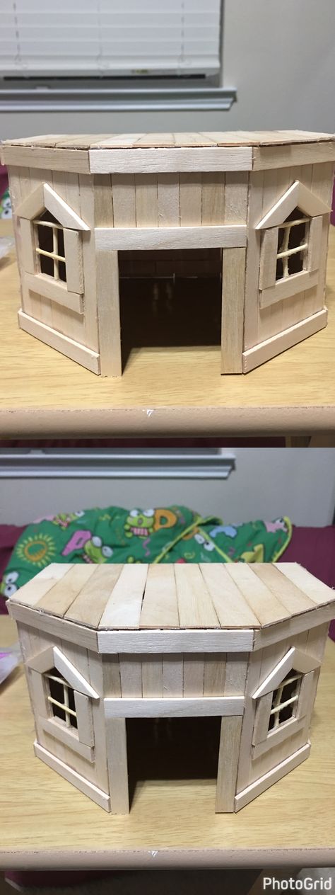 Quick DIY hamster hutch/ house made out of popsicle sticks Diy Hamster House, Diy Guinea Pig Toys, Diy Hamster Toys, Hamster Diy Cage, Cage Hamster, Hamster Diy, Popsicle Stick Houses, Hamster Life, Hamster Habitat