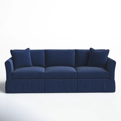 Shelby 83'' Upholstered Sofa & Reviews | Birch Lane Navy Blue Couch, Color Couch, Timeless Sofa, Blue Couch, Den Ideas, Midnight Blue Color, Tailored Skirt, Sofa Review, Sofa Size