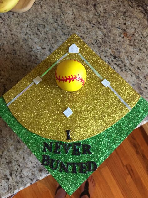 My softball themed graduation cap (featured in full color photo in the local paper) #kentmurphy #graduation #cap #ideas Graduation Cap Designs Softball, Baseball Graduation Cap Ideas, Softball Graduation Cap, Softball Cards, Disney Graduation Cap, Caps Ideas, Cricut Scrapbooking, Graduation Cap Ideas, Disney Graduation