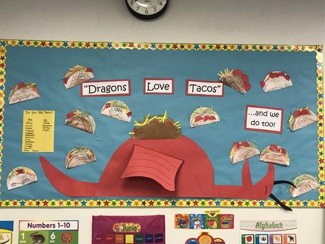 Dragons love Tacos Dragons Love Tacos Door Decorations, Dragon Bulletin Board, Antique Trunk Restoration, Trunk Restoration, Book Bulletin Board, Dragons Love Tacos, Dragon Book, Teacher Bulletin Boards, Boards Ideas