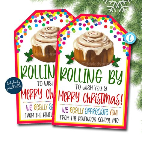 "Christmas Cinnamon Roll Appreciation gift tags! * All text is editable so personalize how you wish These cute holiday appreciation thank you gift tags are perfect for using for so many people/events in your life.  Use for pto groups, teachers, staff, coworkers, employees, volunteers, nurses and more   TEMPLATE FORMATTED SIZES: size of tag is 2.75x4\"  print 8 per page by going to download - pdf - click on \"save paper\" IMPORTANT: This is a DIY self-editing digital, printable product - I do not December Employee Appreciation Ideas, Christmas Snack Cart For Teachers, Christmas Gift Ideas For School Staff, Volunteer Christmas Gift Ideas, Holiday Staff Gifts, December Staff Appreciation Ideas, Christmas Volunteer Appreciation Gifts, Winter Teacher Appreciation Ideas, Teacher Christmas Party Ideas