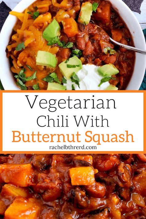 This vegetarian (or vegan!) chili is hearty, perfectly spiced, and easy to make. It combines butternut squash, two kinds of beans and lots of veggies. It is super healthy and a great one pot meal! #vegetarianchili #chili #chilirecipe #vegetarian #healthyrecipe #vegan #veganrecipes #mealprep #easyrecipe #healthy #meatlessmeal #comfortfood #onepotmeal Chili With Butternut Squash, Butternut Squash Chilli, Vegetarian Chilli, Squash Chili, Vegetarian Roast, Delicious Vegetarian Dinner, Butternut Squash Chili, Healthy Comfort, One Pot Meal