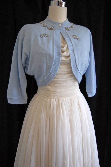 50s Wedding Dress, Sweater Over Dress, Fashion 40s, 1950s Vintage Fashion, 50s Wedding, Vintage Fashion 1950s, Beaded Sweater, Fashion 1950s, Vintage Inspired Fashion