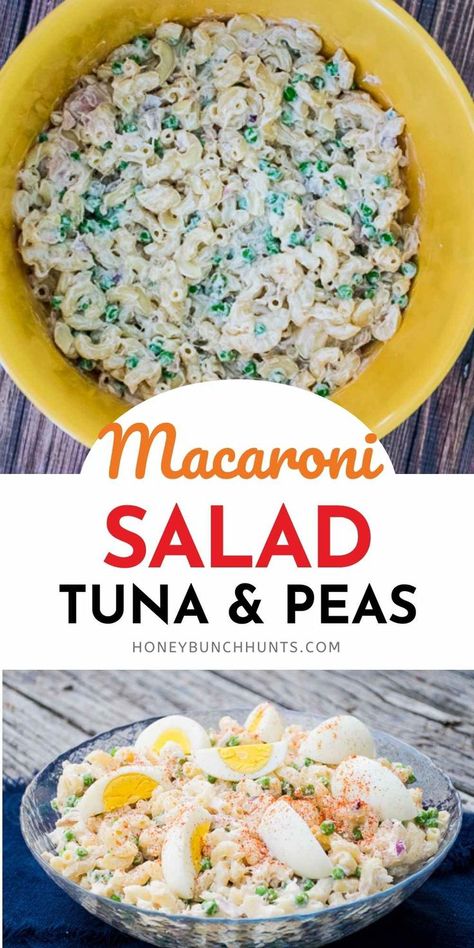 Macaroni Salad with Tuna and Peas is an easy cold pasta salad made with elbow macaroni, tunafish, peas, red onion, and mayonnaise. It's a simple summer salad that is perfect for picnics, barbecues, and family reunions. Get this pasta salad recipe and more at Honeybunch Hunts website. Macaroni Salad With Tuna, Easy Cold Pasta, Cold Tuna Pasta Salad, Easy Cold Pasta Salad, Tuna Pasta Salad Recipes, Salad With Tuna, Tuna Macaroni Salad, Healthy Foods To Make, Tuna Salad Pasta