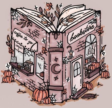 Library Aesthetic Drawing, Aesthetic Bookshelf Drawing, Book Witch, Witch Bookshelf Drawing, Bookish Illustration, Halloween Book Wallpaper, Book Store Drawing, Book Shop Illustration, Cozy Fall Aesthetic Drawing