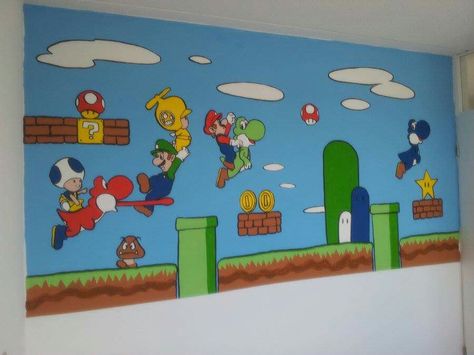 Mario Wall Painting, Mario Bros Painting, Mario Bros Room, Yoshi Party, Mario Painting, Mario Wall, Teacher Door Decorations, Mario Crafts, Mario Room