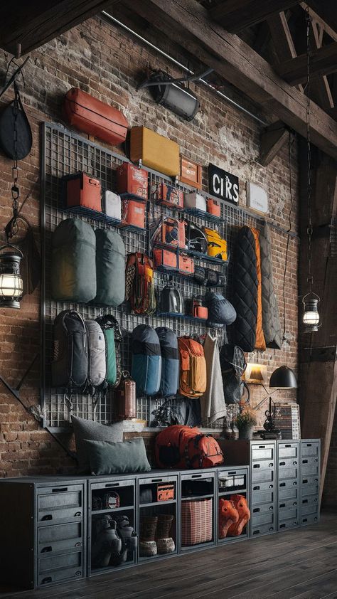 An industrial loft with a DIY metal camping gear wall, organizing outdoor gear in a functional and stylish way. Camping Gear Wall, Diy Camping Gear, Gear Room Ideas, Gear Room Organization, Outdoor Gear Organization, Outdoor Gear Storage, Camping Room, Camping Gear Diy, Industrial Lofts