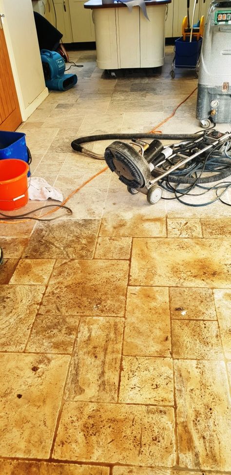 Travertine Floor Coningsby During Cleaning How To Clean Travertine Floors, Travertine Floors Living Room, Tiled Kitchen Floor, Victorian Tiled Hallway, Travertine Tiles Kitchen, Travertine Kitchen, Stone Kitchen Floor, How To Clean Stone, Tiled Kitchen