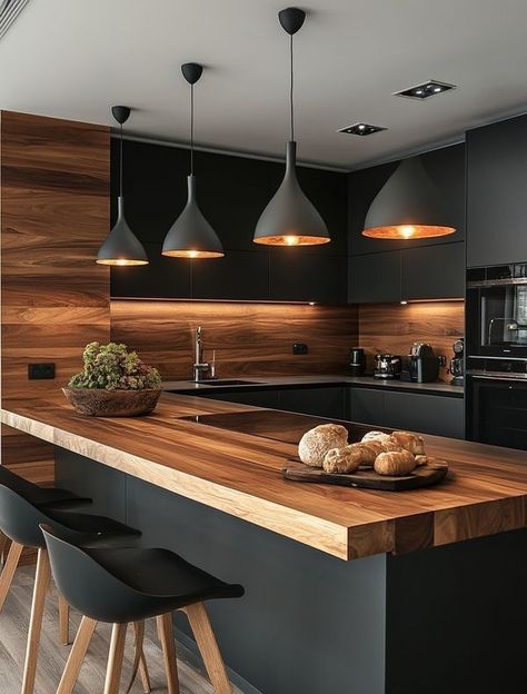 Big Kitchen Ideas, Kitchen Island Lighting Modern, Modern Contemporary Kitchen, Modern House Interior, Loft Kitchen, Interior Design Your Home, Kitchen Black, Dream Kitchens Design, Modern Kitchen Interiors