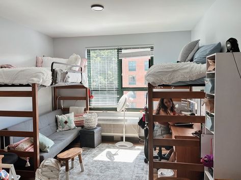 welcome to New River Hall! this is the layout of our new dorm!! so excited for freshman year!! Loft Bed With Couch, Dorm Bed, App State, New River, College Dorm Rooms, Freshman Year, College Dorm, Dorm Room, So Excited