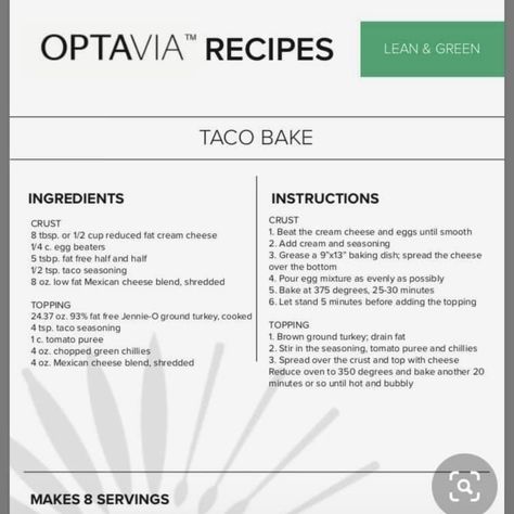 Healthier Dinners, Lean Dinners, Taco Casserole Bake, Optavia Meals, Baked Tacos Recipe, Clean Eating Menu, Optavia Lean And Green, Health Meals, Lean Protein Meals