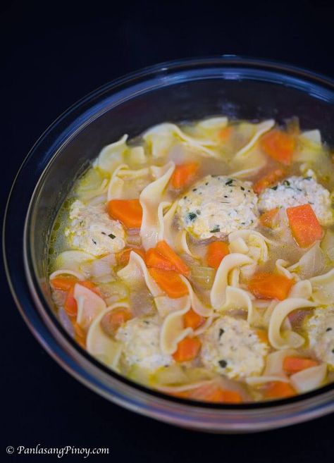 Chicken Meatball Noodle Soup - Panlasang Pinoy Chicken Balls, Sauteed Carrots, Cooking Soup, Meatball Ingredients, Noodle Soup Recipes, Chicken Meatballs, Green Vegetables, Hearty Soups, Noodle Soup