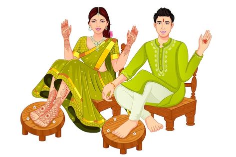 Haldi Ceremony For Bride, Indian Wedding Outfits For Men, Indian Wedding Bride And Groom, Hindu Wedding Decorations, Couple Illustration Wedding, Wedding Illustration Card, Bride And Groom Cartoon, Wedding Vector Art, Caricature Wedding