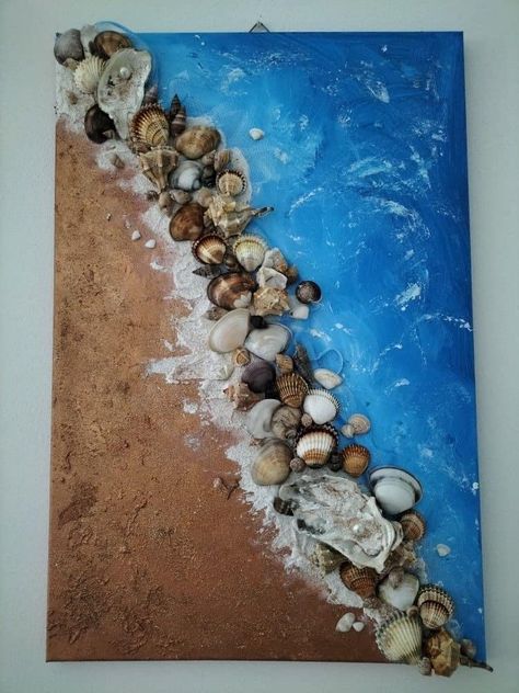 Seashell Art Diy, Polymer Clay Painting, Inexpensive Art, Beach Art Painting, Mixed Media Art Projects, Seashell Wall Art, Wall Art Diy Paint, Shell Crafts Diy, Sea Crafts