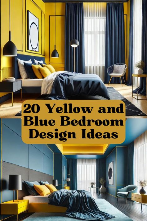 20 Yellow and Blue Bedroom Design Ideas: Transform Your Space with Vibrant Elegance Blue And Yellow Bedroom Walls, Green Blue Yellow Bedroom, Yellow And Blue Bedroom Ideas, Blue And Yellow Bedroom Decor, Navy Blue And Yellow Bedroom, Blue And Yellow Bedroom Ideas, Yellow And Blue Bedroom, Blue Bedroom Design Ideas, Periwinkle Bedroom