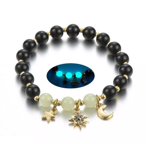 Glow In The Dark Natural Volcanic Stone Stars Moon Luminous Bracelets Black Onyx Beaded Bracelet Designer Charm Bracelet Color Dark Blue Nwot Dark Bracelet, Bracelets Black, Volcanic Stone, Stars Moon, Bracelet Ideas, Onyx Bead, Stars And Moon, Bracelet Designs, Black Onyx