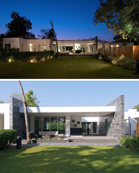 15 Single Story Modern Houses | The minimalist design of this single story house features lots of windows to make it easy to always feel connected to the outdoors. Single Story House, One Storey House, Flat Roof House, Modern Architecture Design, Contemporary House Exterior, House Design Exterior, Modern House Facades, Modern Farmhouse Exterior, Contemporary House Plans