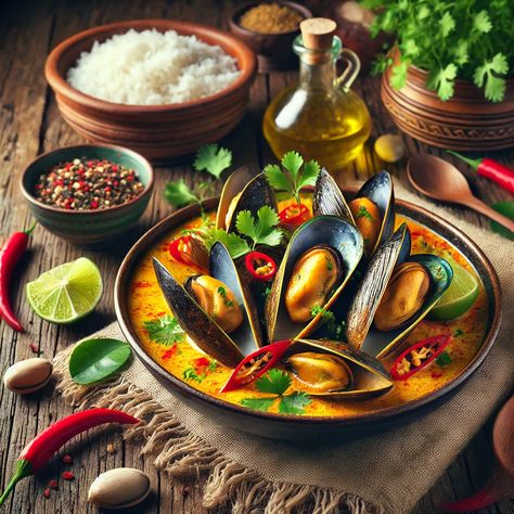 Thai Coconut Curry Mussels Thai Curry Mussels, Curry Mussels Recipe, Thai Mussels, Coconut Curry Mussels, Curry Mussels, Thai Coconut Curry, Coconut Curry Sauce, Mussels Recipe, A Balanced Life