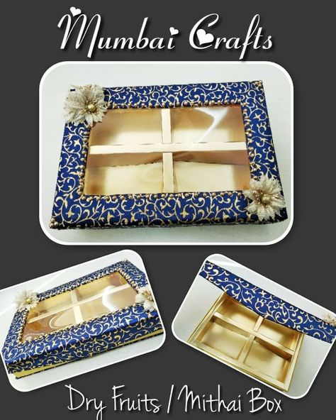 Beautiful Dry Fruit / Mithai Box for Diwali Diwali Mithai Box Ideas, Engagement Platter, Diwali Mithai, Fruit Business, Coconut Decoration, Diwali Ideas, Mithai Boxes, Sweet Box Design, Dry Fruit Box