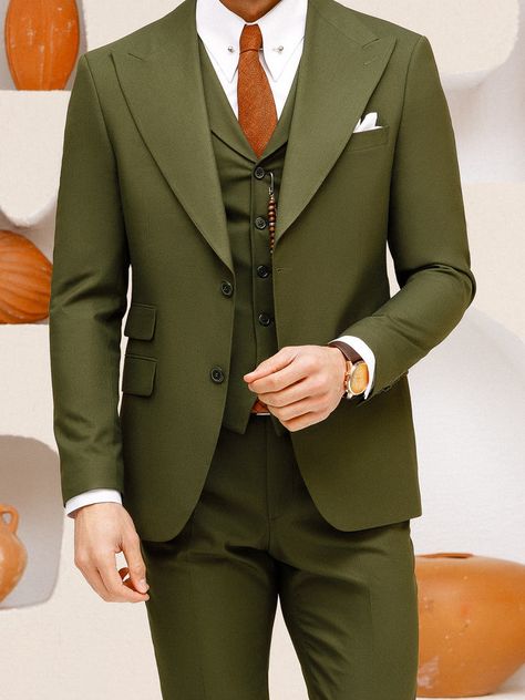 Brown Plaid Slim-Fit Suit 3-Piece Green Waistcoat, Green Suit Men, Prom Men, Lapel Jacket, Man Party, Party Suits, Brown Suits, Slim Fit Suits, Slim Fit Suit