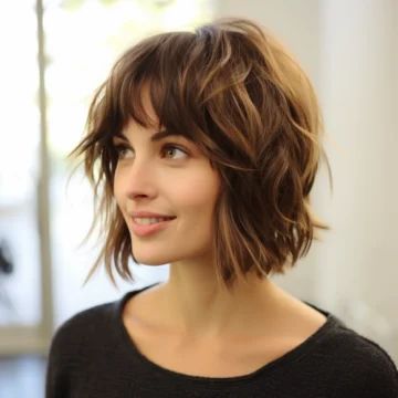 40 Best Shaggy Bob with Bangs Haircut Ideas Shaggy Bob With Bangs Round Faces, Short To Medium Haircuts With Bangs, Short Shag Bob Haircuts, Layered Shaggy Bob With Bangs, Med Hair With Bangs, Shag For Wavy Hair, Shag Bangs Short Hair, Messy Short Hair With Bangs, Medium Hair With Bangs Round Face