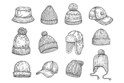 Knitted Winter Hats, Drawing Hats, Backpack Drawing, Cap Drawing, Hat For Winter, Women Drawing, Vector Doodle, Flat Drawings, Insect Tattoo